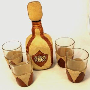 Vintage Leather Covered Glass Decanter with Cork and 4 glasses Set 60's/70's